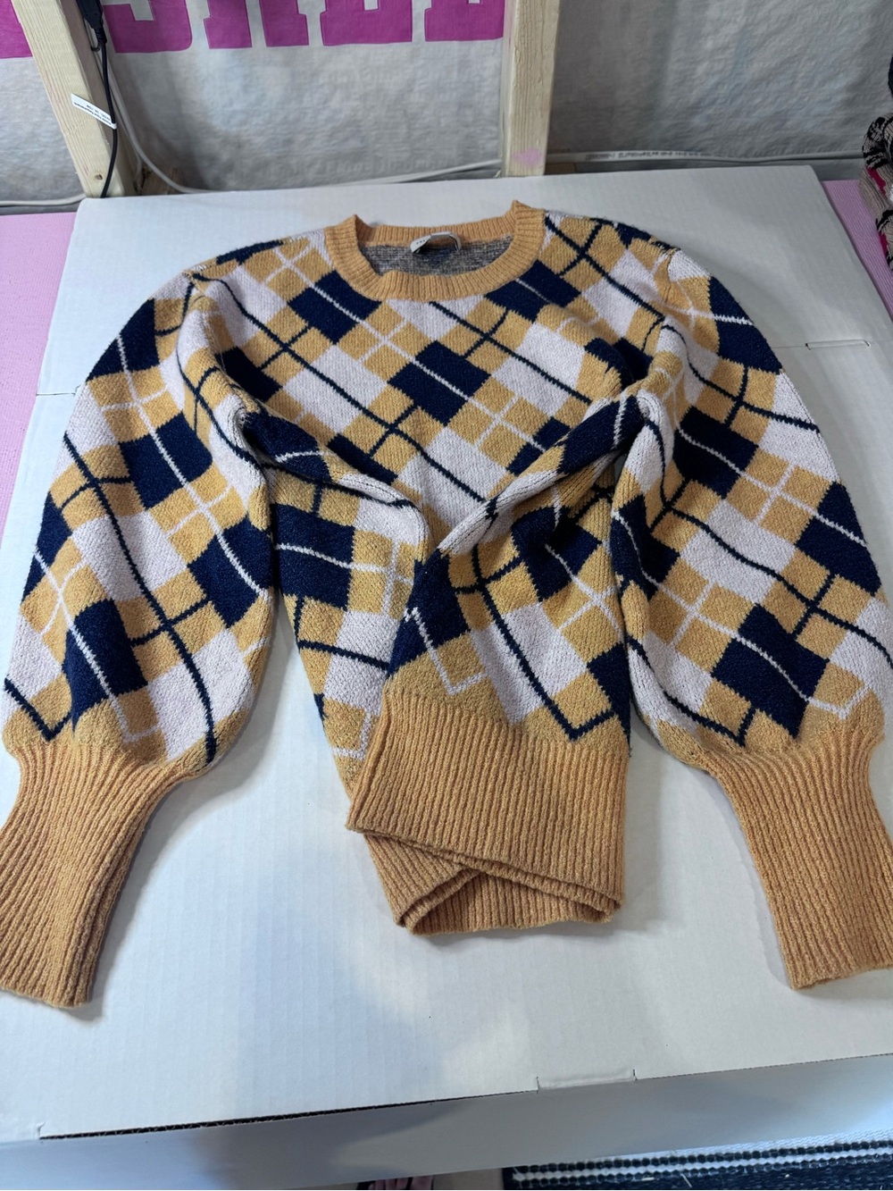 Women’s Crewneck Argyle Sweater in Mustard, Navy & White